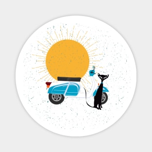 Retro Cat Sitting next to Vintage Scooter Magnet